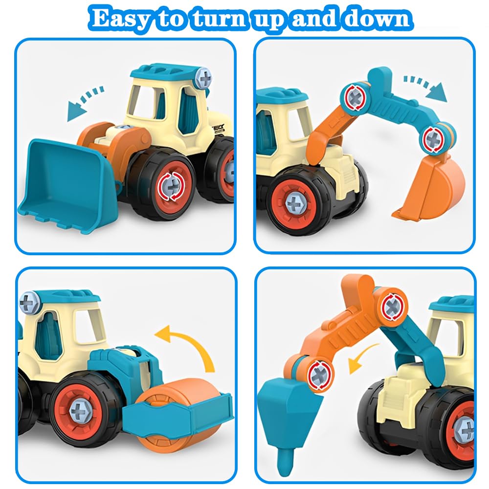 Juguetes de Vehículos de Construcción 4 en 1 para Niños a Partir de 2 Años, Set de Excavadoras DIY con Destornillador, Desmontar Camión de Ingeniería para Niños, Niños