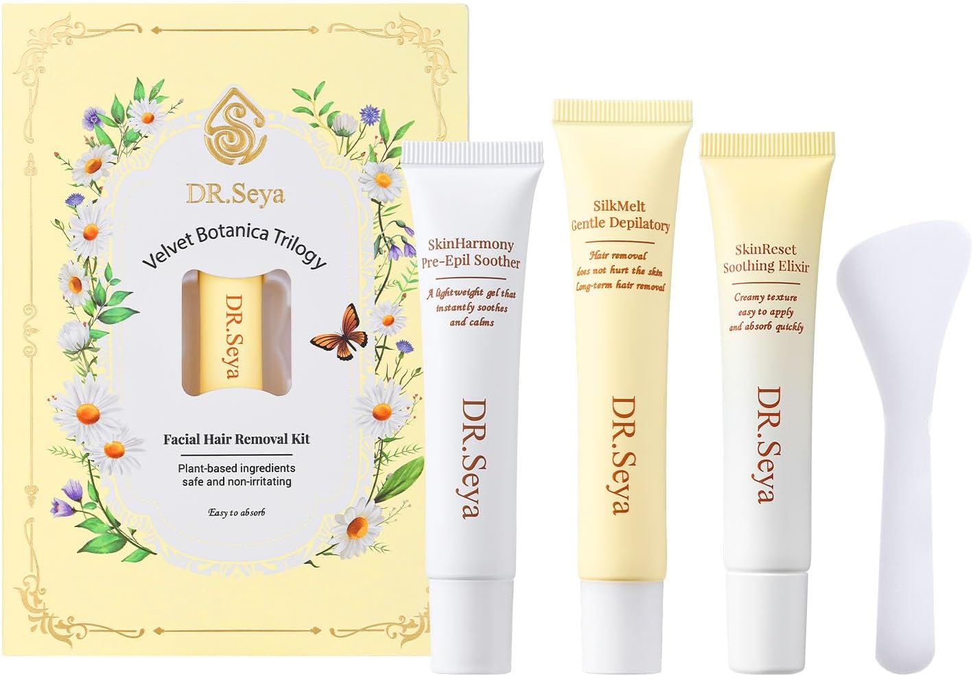 Facial Hair Removal Kit for Women – 3-Step Botanical Depilatory Set with Pre-Epil Gel, Gentle Hair Remover & Soothing Elixir – Safe, Plant-Based, Non-Irritating Formula