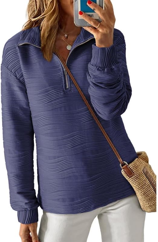 Dokotoo Women’s Casual Half Zip Long Sleeve Pullover Shirts Solid Color Textured Sweatshirt Tunic Tops