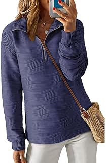 Dokotoo Women's Casual Half Zip Long Sleeve Pullover Shirts Solid Color Textured Sweatshirt Tunic Tops