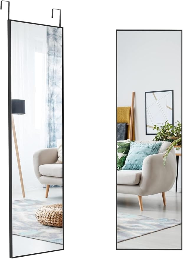 Full Length Mirror, Wall Mounted Floor Mirror with Hooks for Bedroom, Living Room, Dining Room, Kitchen, Bathroom, Entryway, 13.7 x 48 Inches, Black