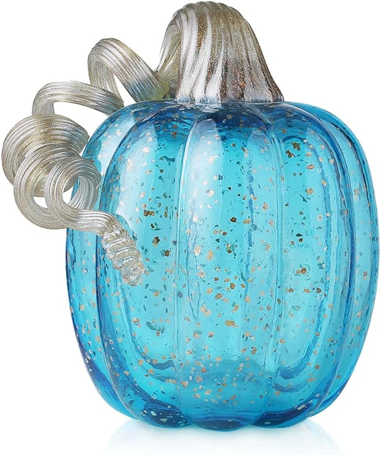 glitzhome Hand Blown Glitter Glass Pumpkin Elegant Table Accent for Fall Harvest & Thanksgiving Decorating Blue 6.1 Inch