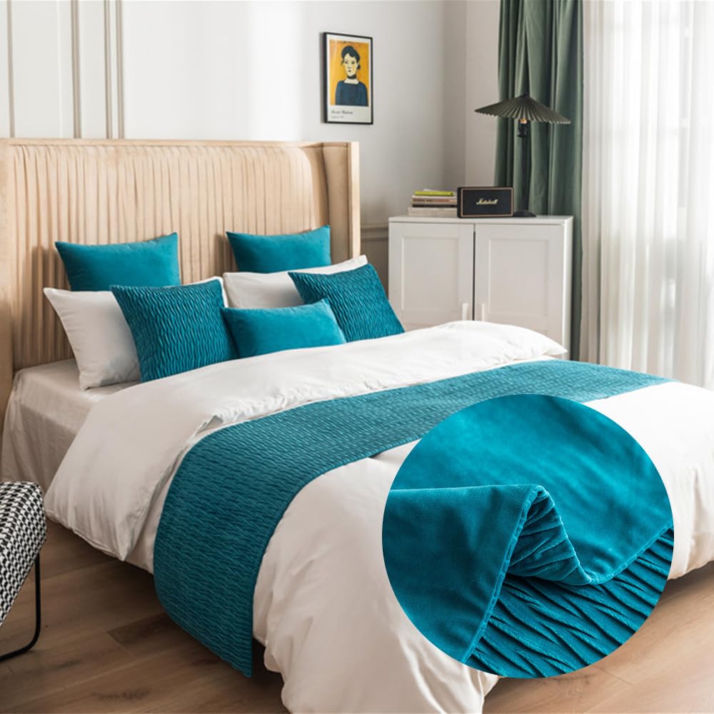 Gofohimi Sky Blue Bed Runners And Matching Cushion Cover, Reversible Bed Runners Scarves Hotel Bedding Bed Towel Bedroom Bedspread Protection Home Decoration (45X180cm(Jacquard Bed Runners),)