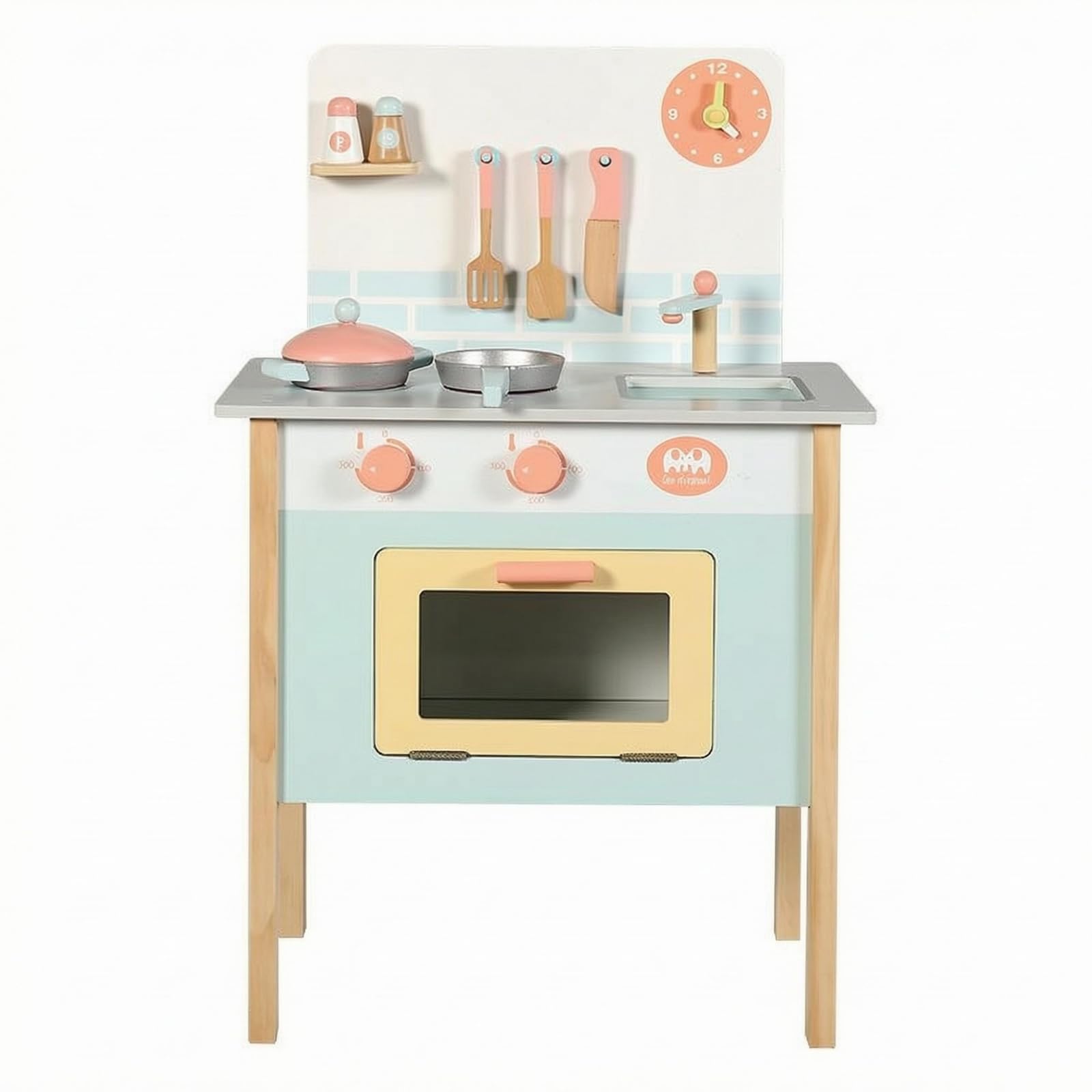 Colcolo Cucina Giocattolo in Cucinino Fornelli Lavello Forno Anta Manopole Accessori Pentole E Mestoli Struttura Solida in Legno Acciaio Adatta per Gioco, Blu