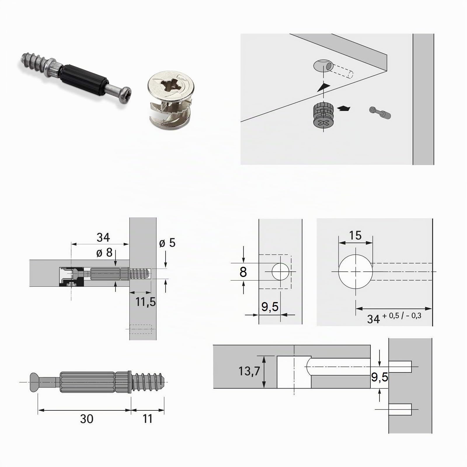 50 pièces HETTICH Connecteur de Meubles Pièce de Raccordement de Meubles Roue Excentrique RASTEX 15 (Ø 15 mm) et Cheville Twister du 232 T (M6 x 11 mm) Ferrure d'assemblage à Excentrique de SOTECH