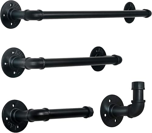 HouseAid Juego de 4 toalleros industriales de tubos para toallas, kit de toallero de acero rústico, estilo vintage, accesorios para baño, montaje en