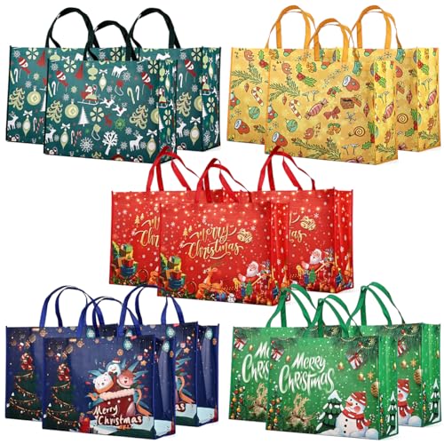 PARSUP 15PCS Giant Christmas Gift Bags, Heavy Duty Treat Tote Grocery Bags with Handles, Sewing Multifunctional Non-Woven Bags for Gifts Wrapping Shopping, Xmas Party Supplies, 21.26