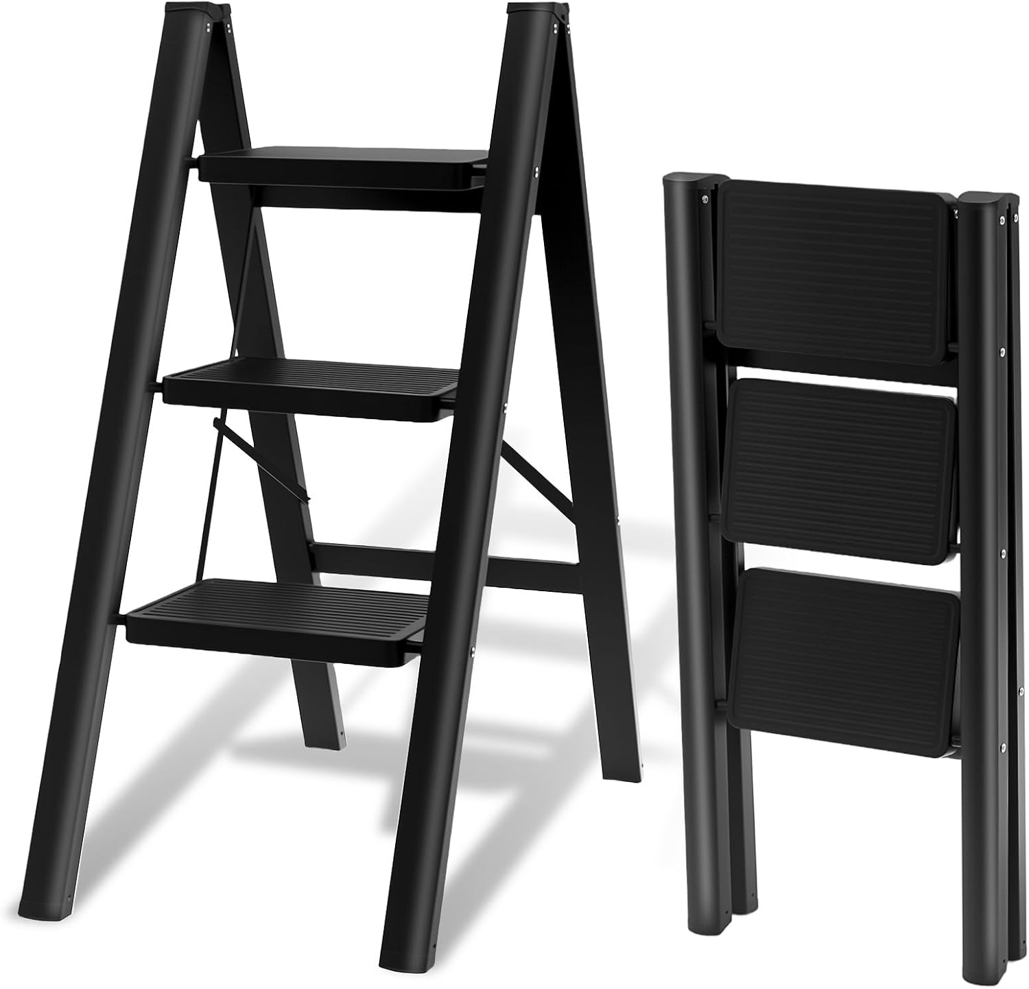 3 Step Ladder, Foldable 3 Step Stool for Adults, 3 Step Ladder Folding Step Stool with Wider Pedal Ergonomic Design and Anti-Slip Feet, Lightweight, Portable Steel Step Stools 3 Step - Upgraded & Thicker - Black