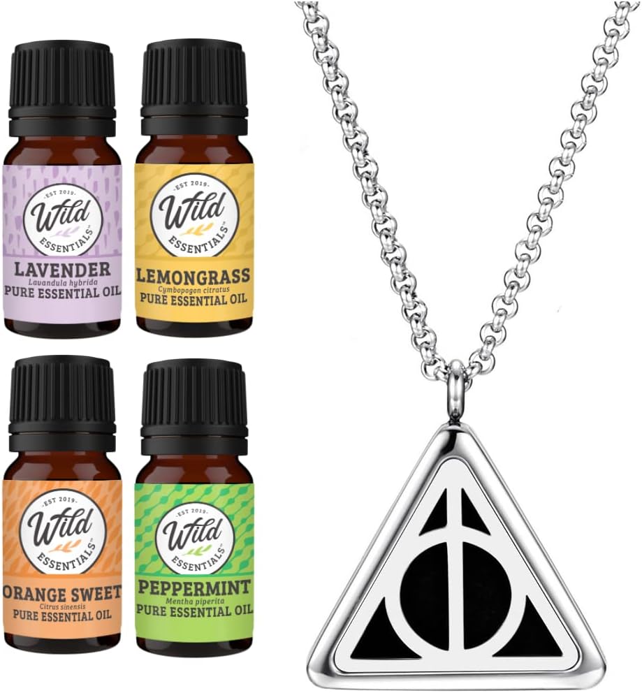 Wild Essentials Potter Hallows Aromatherapy Diffuser Necklace13-PieceGift Set –Includes 4 Pure Essential Oils, Stainless Steel Necklace/Pendant, 8 Pads –Calming Aromatherapy Essential Oil Necklace