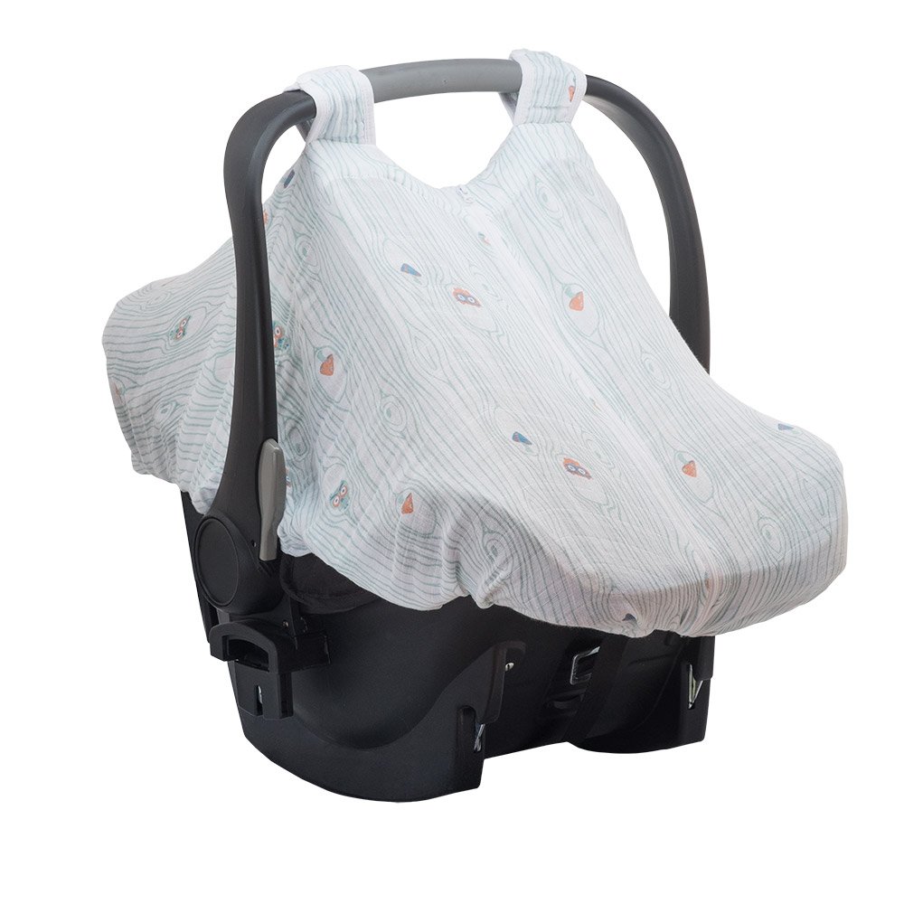 Bebe au Lait Premium Muslin Car Seat Cover, Easy Snap Straps, Fully Zippered Opening - Little Owl