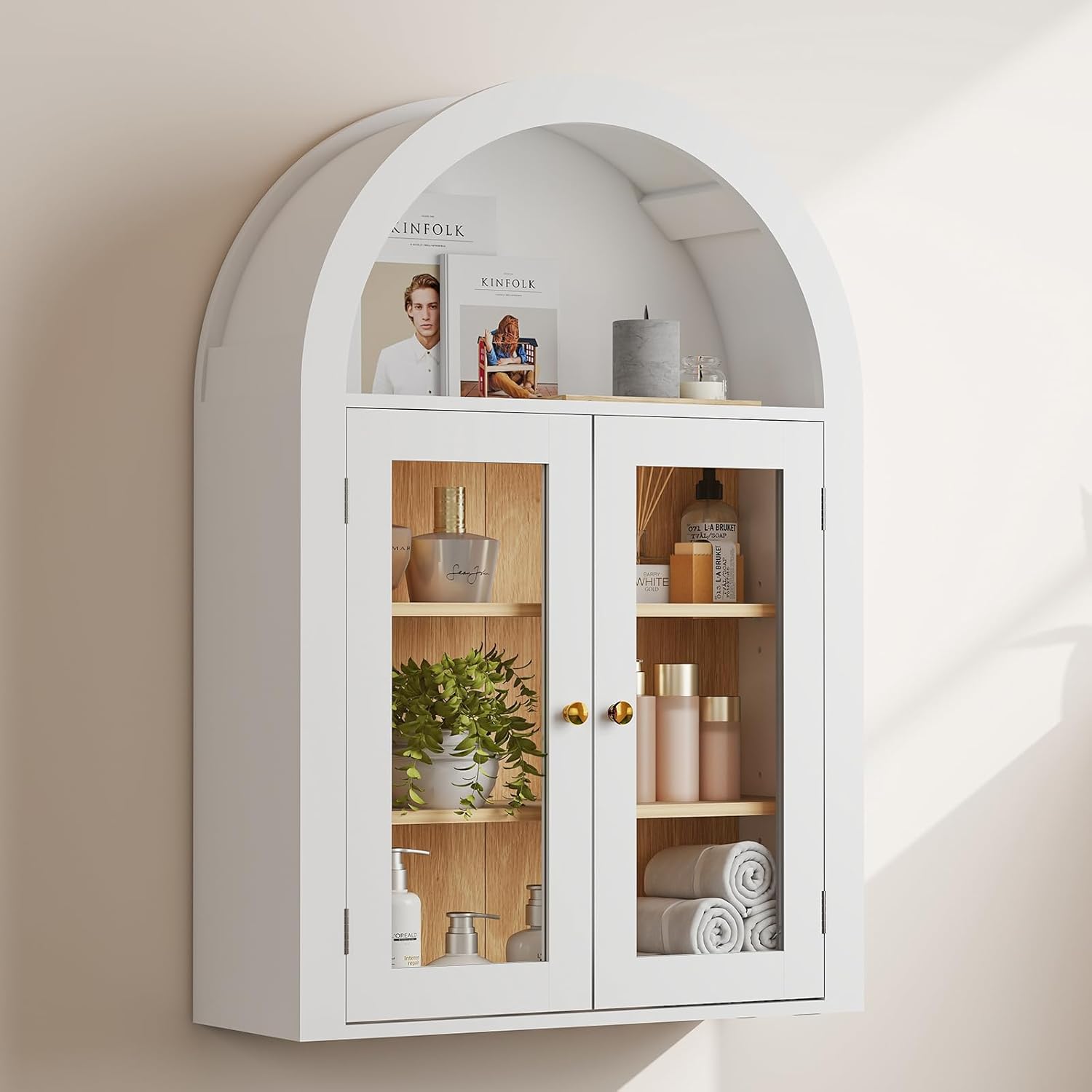 EAG Arched Wall Cabinet, Bathroom Medicine Cabinet with Glass Doors & Adjustable Shelves, Floating Storage Cabinet for Wall Over The Toilet Storage Cabinet Space Saver, White