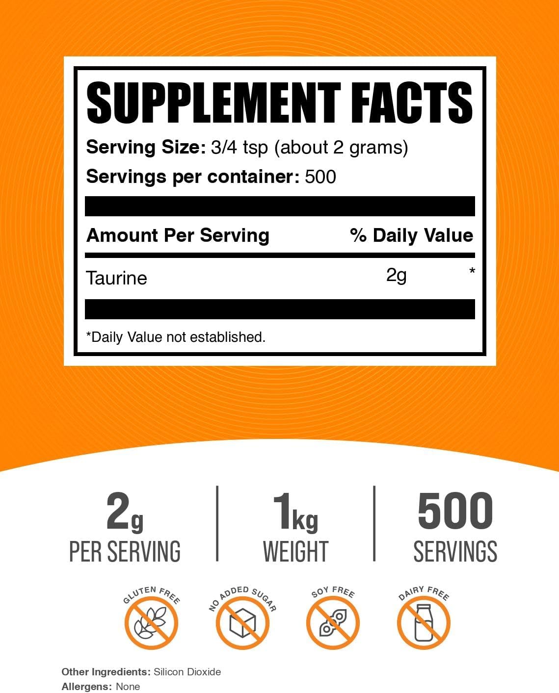 BulkSupplements.com Taurine Powder - Taurine Supplement, Amino Acid Supplement for Energy - Unflavored & Gluten Free, 2g per Serving, 1kg (2.2 lbs) (Pack of 1)