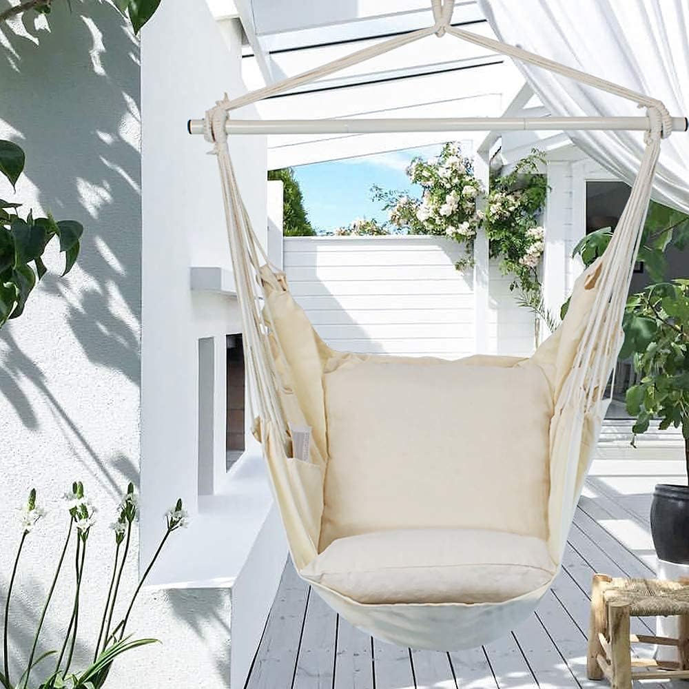 PIRNY Hammock Chair Relax Hanging Swing with Pocket,Include Tree Straps Outdoor Indoor Patio Graden Use,Capacity 400 LBS Large Space Size,Convenient to Receive(White 2 coshion)
