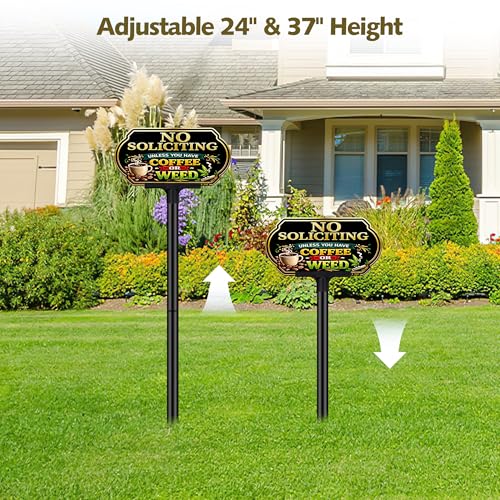 Image of Funny Coffee No Soliciting Sign for House, 10 x 5 Inch Aluminum Yard Sign | Funny Coffee No Soliciting Yard Sign with 40 Mil Aluminum, UV Printed Weatherproof Outdoor Sign for Home, Lawn and Fence