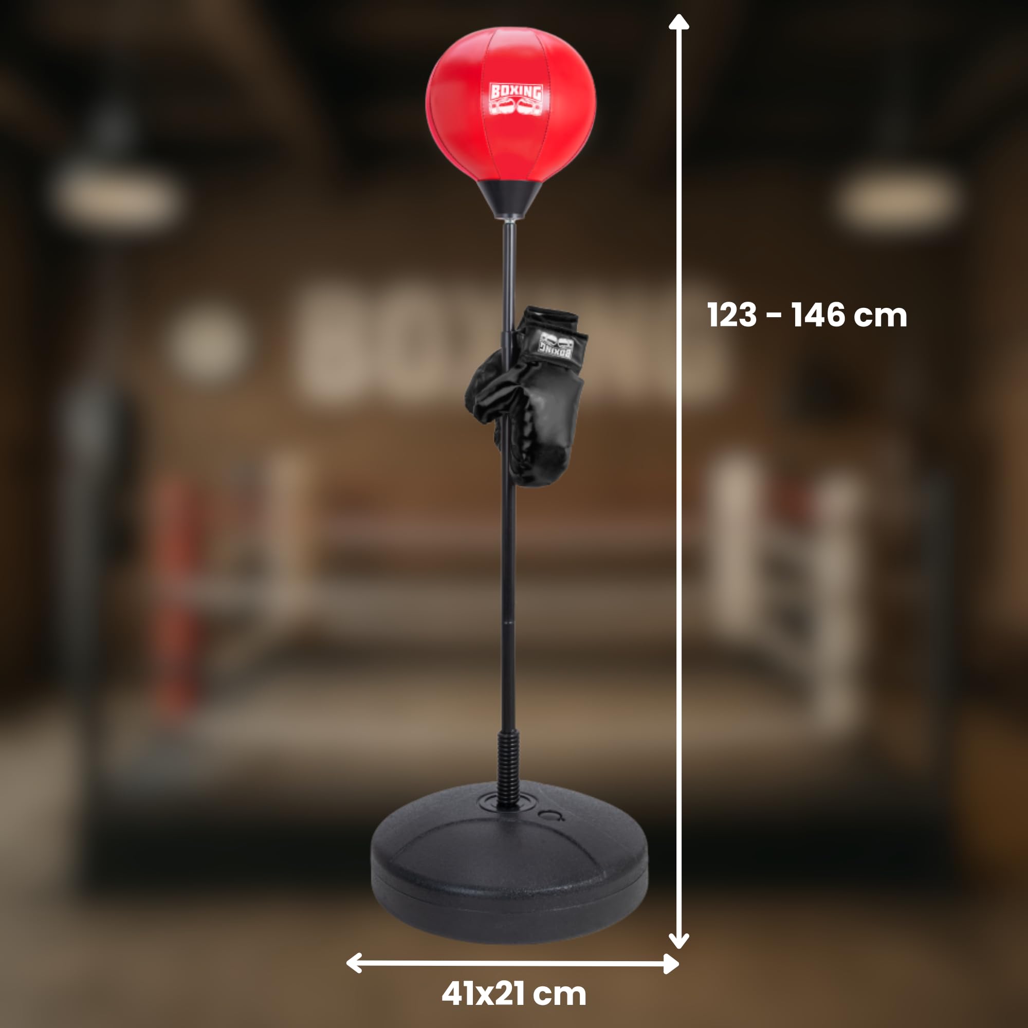 DEVESSPORT Punching Ball Infantil Rojo | Altura Ajustable de 1,26 a 1,46 m, con Guantes de Boxeo y Base Rellenable – Juego de Boxeo para Niños a Partir de 5 Años