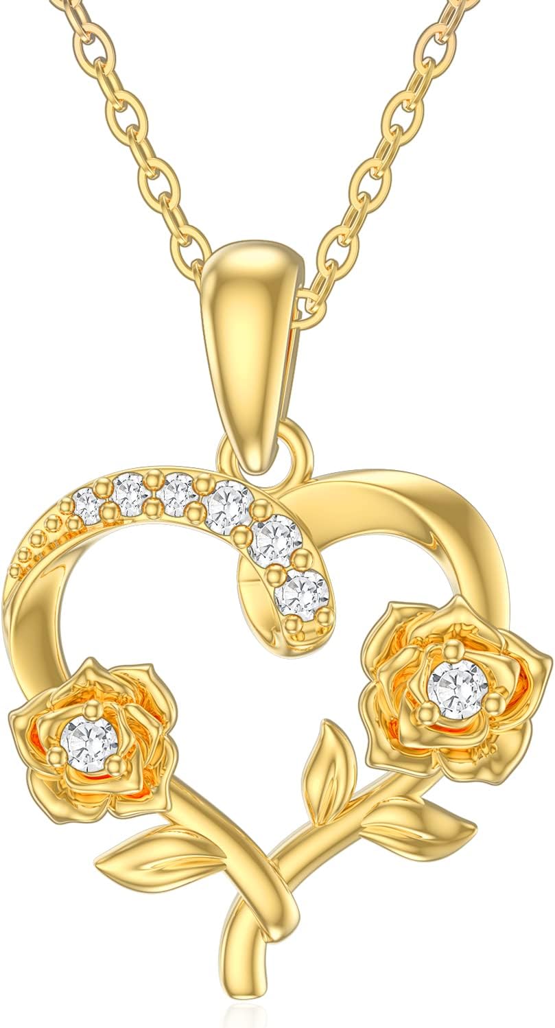 14k Gold Flower Necklace for Women, Rose Flower Pendant Birth Flower Necklace Birthday Mothers Day Gift for Mother Wife Girlfriend 16+2 inch