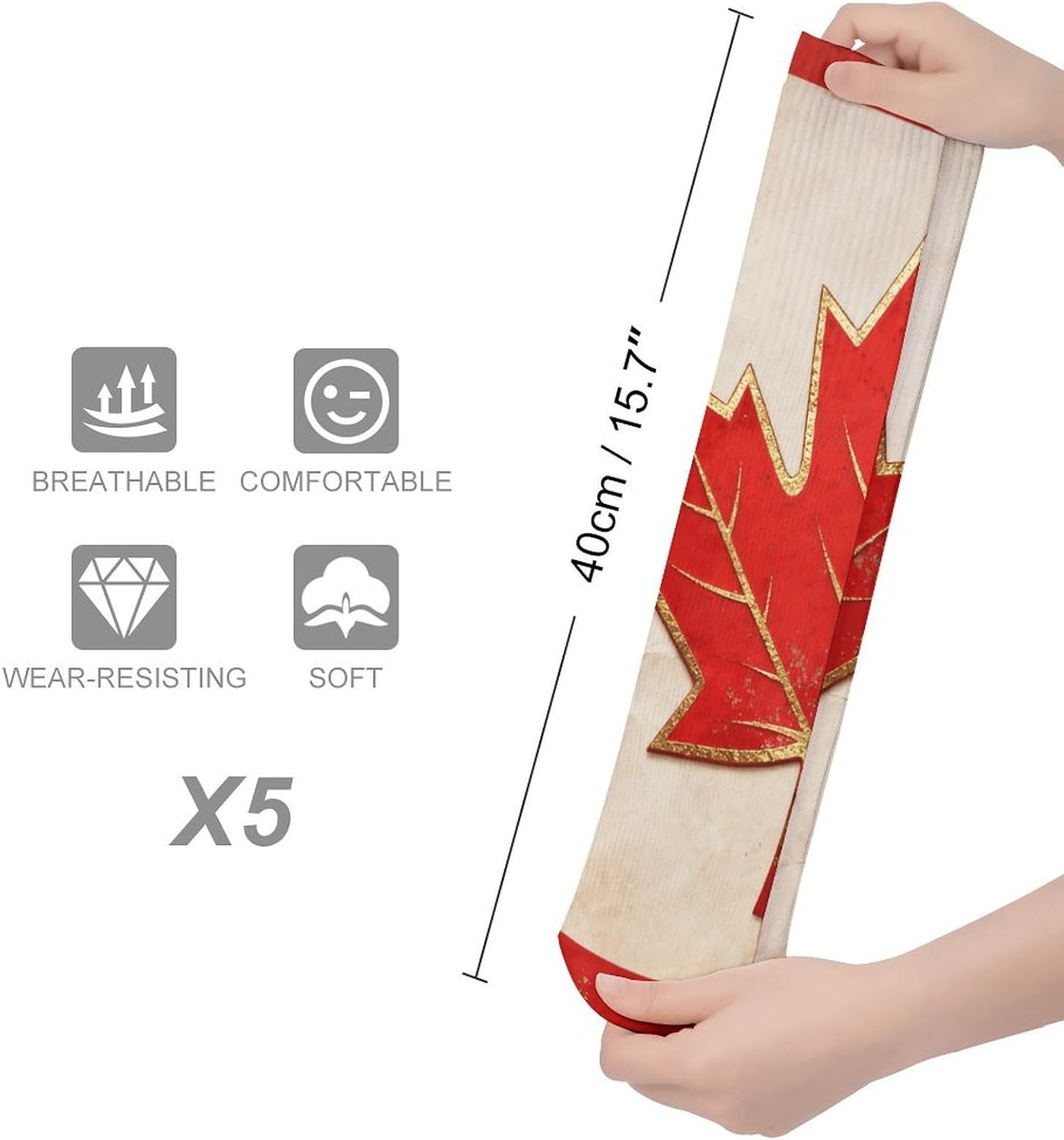 5 Pairs Knee High Socks Canada Flag Long Tube Boot Seamless Toe