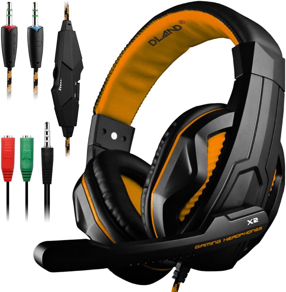 Gaming Headset,DLAND 3.5mm Wired Bass Stereo Noise Isolation Gaming Headphones with Mic for Laptop Computer, Cellphone, PS4 and so on- Volume Control (Black and Orange)