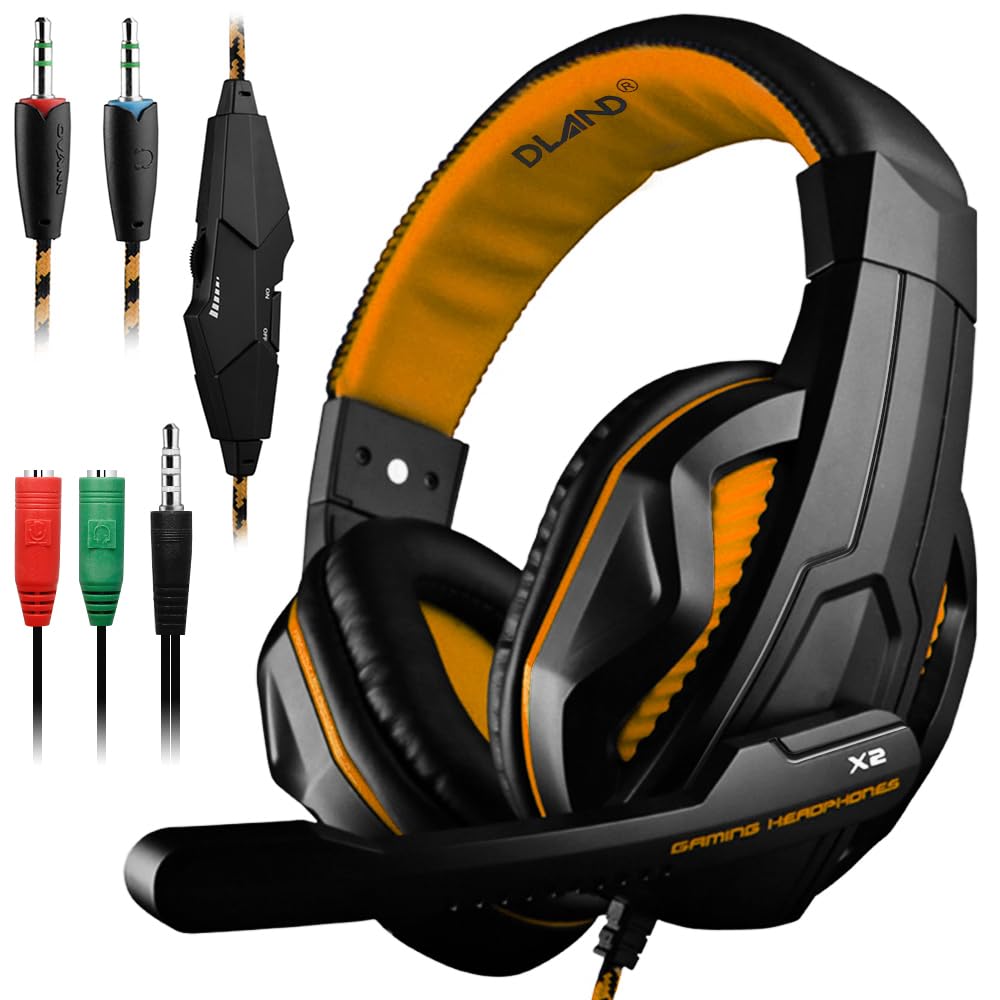 Gaming Headset,DLAND 3.5mm Wired Bass Stereo Noise Isolation Gaming Headphones with Mic for Laptop Computer, Cellphone, PS4 and so on- Volume Control (Black and Orange)