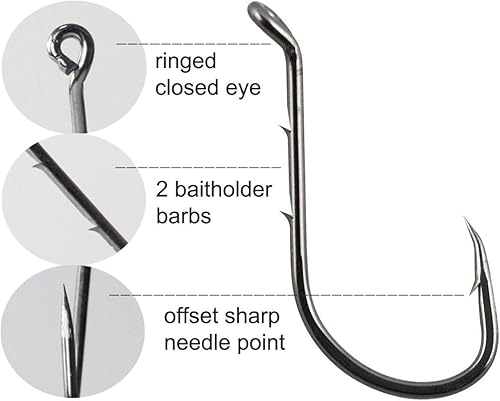 Miniatura 2 de JSHANMEI 150 anzuelos de pesca con 2 púas de cebo, ganchos circulares desplazados, ganchos de pesca de tamaño surtido, caja de aparejos, para agua