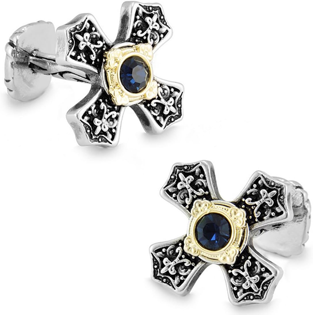 silver clover Men's Vintage Handcrafted Platinum-Plated with Diamond Black Cross Cufflinks, Gift Box Included