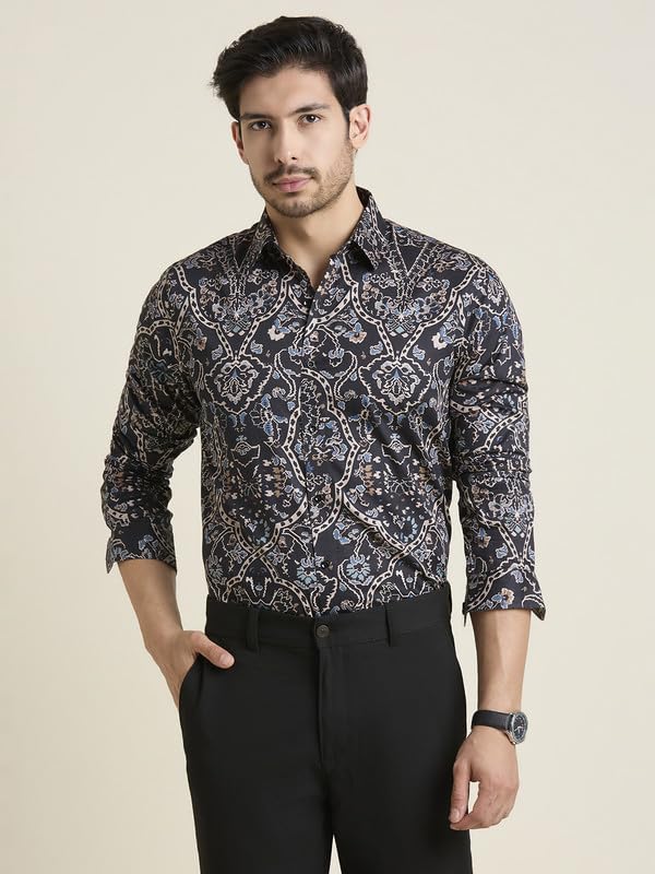 Image of MARK & ALBERT Men's Printed Full Sleeves Regular Fit Shirt Blue | 100% Cotton Stretchable Fabric