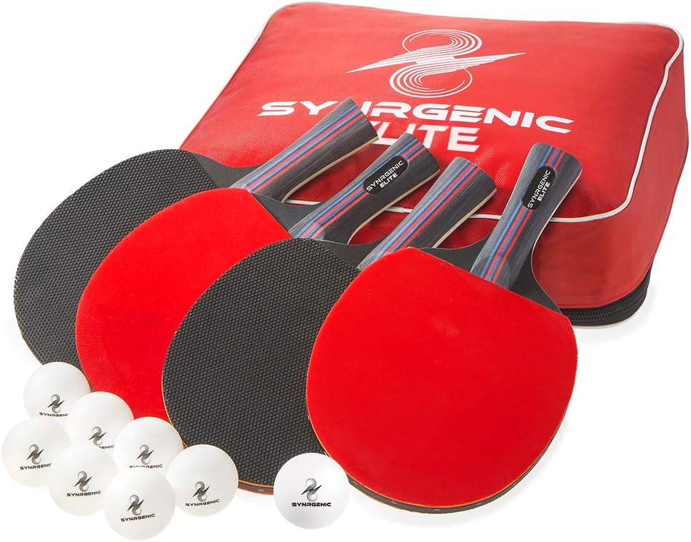 Table Tennis Paddle Set - 4 Professional Ping Pong Rackets, 8 Professional ITTF Game Balls, and Portable Cover Bag - Ergonomic Wooden Bats for Powerful Speed and Spin