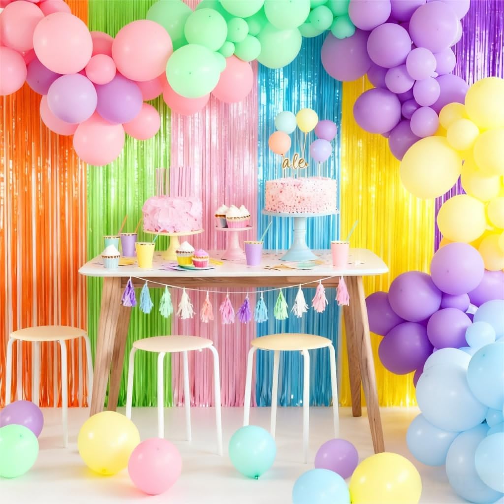 Birthday Decorations Pastel Party Backdrop, Fufuddz 65Pcs Macaron Balloons & 2Pcs 3.3x8.2ft Rainbow Foil Curtains Unicorn Decor for Girls Bridal Baby Shower Colorful Supplies Easter Streamers Gifts