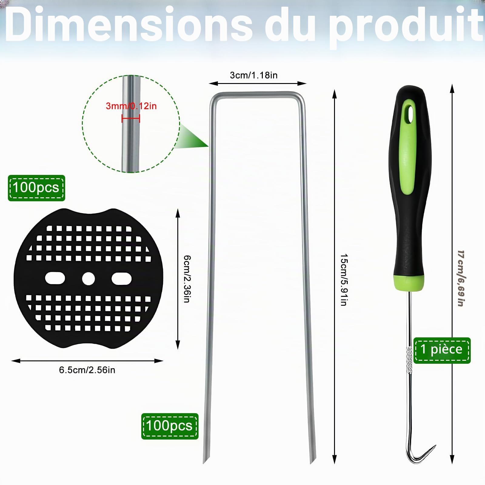 Lot de 100 piquets d'ancrage Stables en Forme de U,100 disques tampons, Toile Anti-Mauvaises Herbes pour Jardin, Bordures de pelouse, parterres de légumes et Fixation de tuyaux