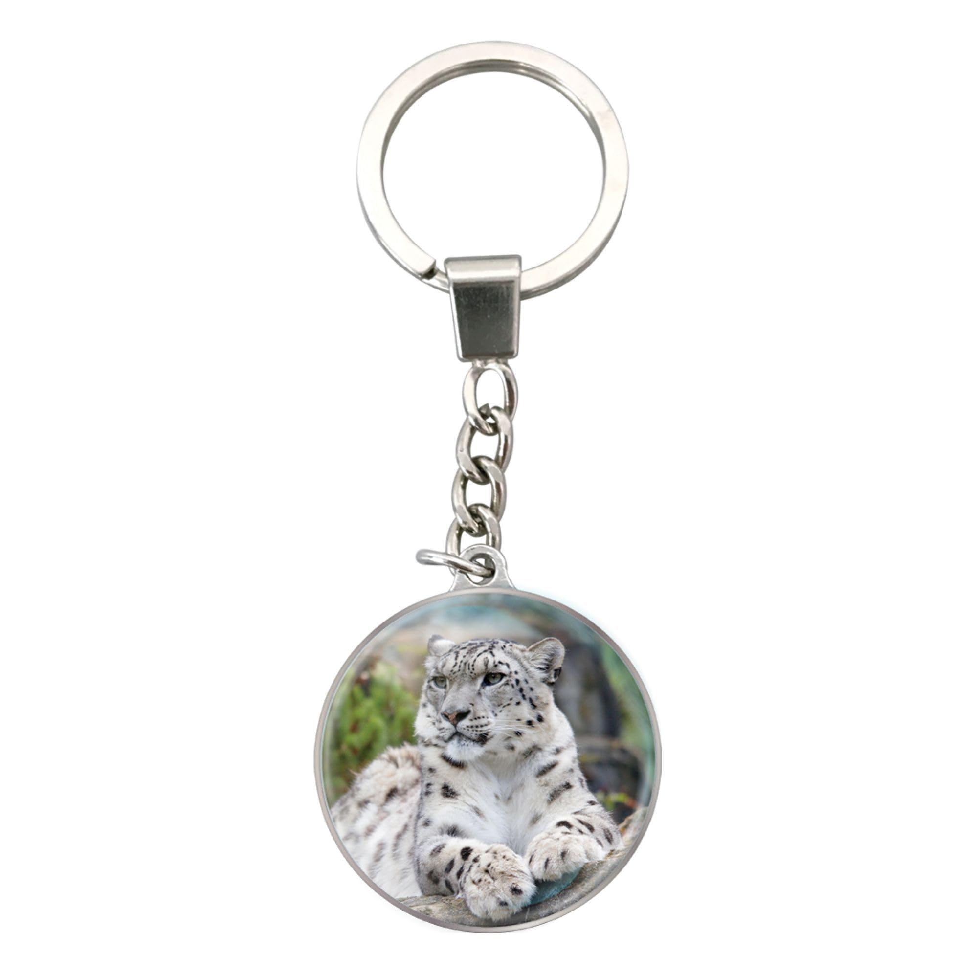 Magnidome Deluxebase Snow Leopard Keychain – Crystal Glass Dome Animal Key Ring with Stainless Steel Chain, Cute Snow Leopard Key Holder for Fun Bag Charms and Novelty Gifts.