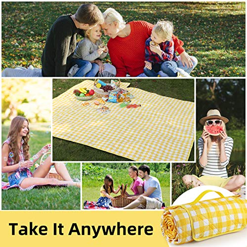 Lahawaha Picnic Blankets Extra Large, 80''x80'' Picnic Outdoor Blanket Waterproof and Machine Washable (Yellow and White). - Thumbnail 5