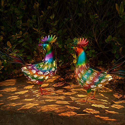 Kircust Garden Sculpture & Statues, Metal Rooster Decor with Solar Lights, Colorful Chicken Yard Art Lawn Ornaments, Animal Garden Art Sculptures for Outdoor Patio Backyard, Set of 2 - Thumbnail 4