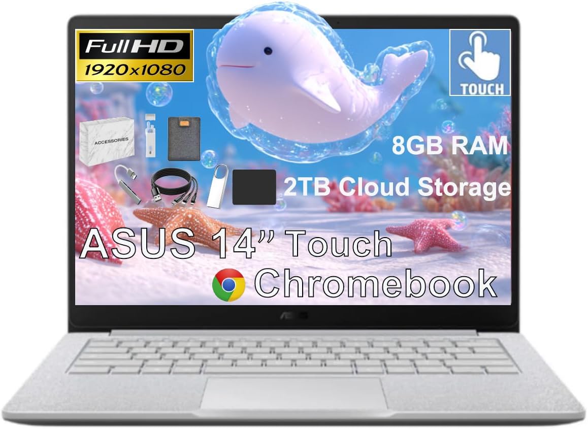 14" FHD Touchscreen Students Chromebook, Intel Celeron N4500 (> i3-1115G4), 8GB RAM, 384GB Storage (128GB eMMC + 256GB SD Card),Anti-Glare, Chrome OS,with 5ave 6-in-1 Kit