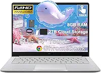 ASUS Chromebook para estudantes com tela sensível ao toque FHD de 14 polegadas, Intel Celeron N4500 (> i3-1115G4), 8 GB de RAM, armazenamento na nuvem de 2 TB, armazenamento de 384 GB (128 GB eMMC +