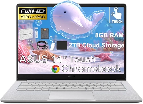 ASUS Chromebook para estudantes com tela sensível ao toque FHD de 14 polegadas, Intel Celeron N4500 (> i3-1115G4), 8 GB de RAM, armazenamento na nuvem de 2 TB, armazenamento de 384 GB (128 GB eMMC +