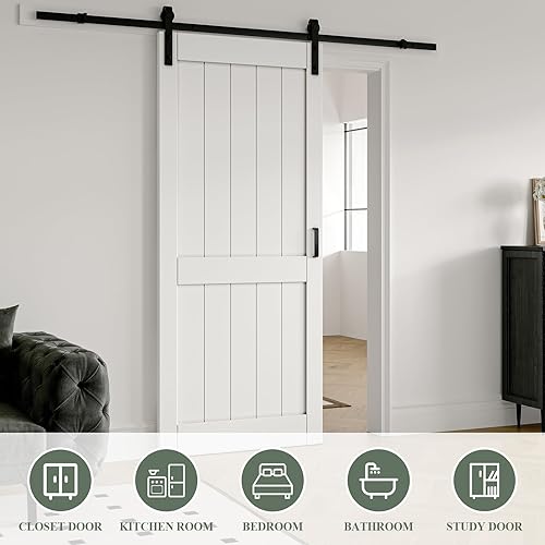 Miniatura 2 de ARK DESIGN Puerta corredera de granero de 36 x 84 pulgadas con kit de herrajes para puerta corredera de 6.6 pies, agujeros preperforados de fácil
