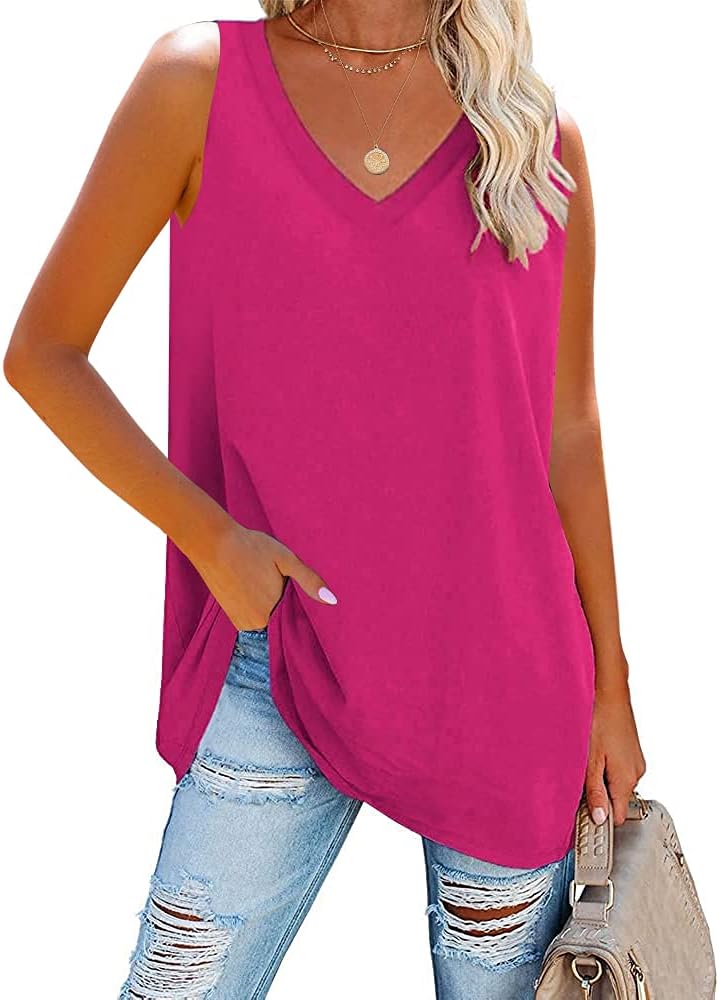 Fisoew Women Summer V Neck Long Tank Tops Oversized Sleeveless Basic Solid Color Shirts Loose Casual Tunic Tops