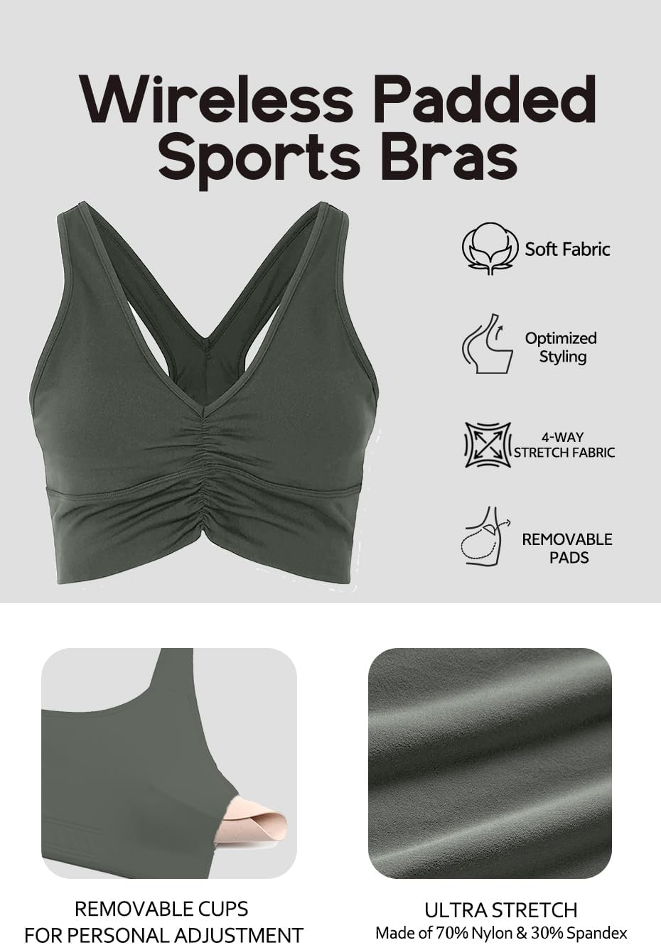 Olmlmt Womens Y Back Sports Bra - Wireless Padded Ruched V Neck Workout Gym Yoga Crop Top