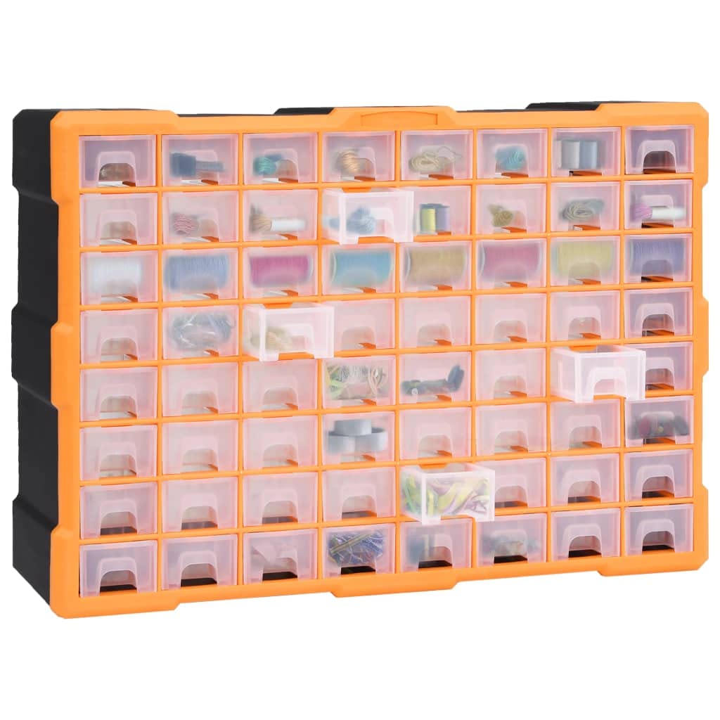 Wielofunkcyjny organizer z 64 szufladami, tworzywo sztuczne PP, 52 x 16 x 37,5 cm, do montażu na ścianie, skrzynka na narzędzia, skrzynka na drobne części