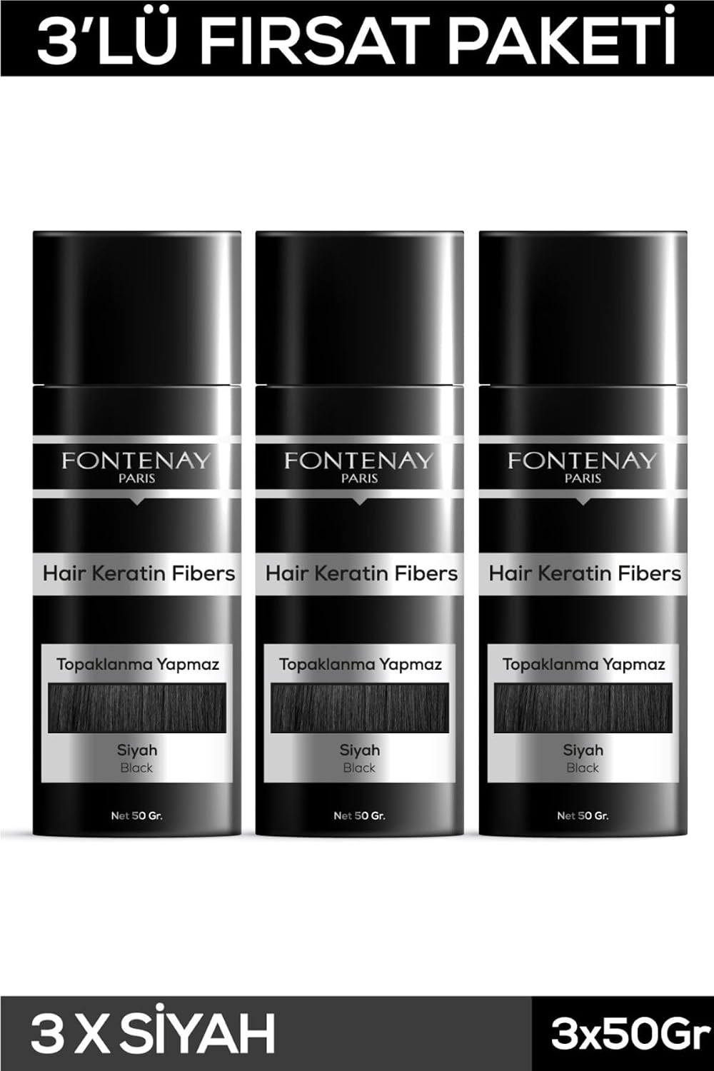 Fontenay Saç Dolgunlaştırıcı Keratin Fibers Siyah Topik Saç Tozu 50Gr X3 Renkli