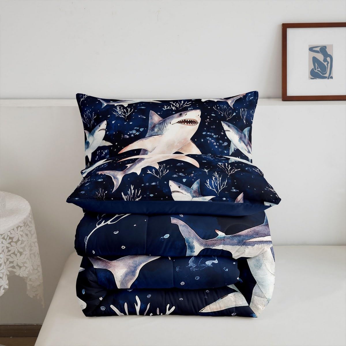 Feelyou Shark Comforter Set Full Size Ocean Sea Animal Bedding Set Kids Boys Girls Sea Underwater World Comforter Marine Theme Quilt Set