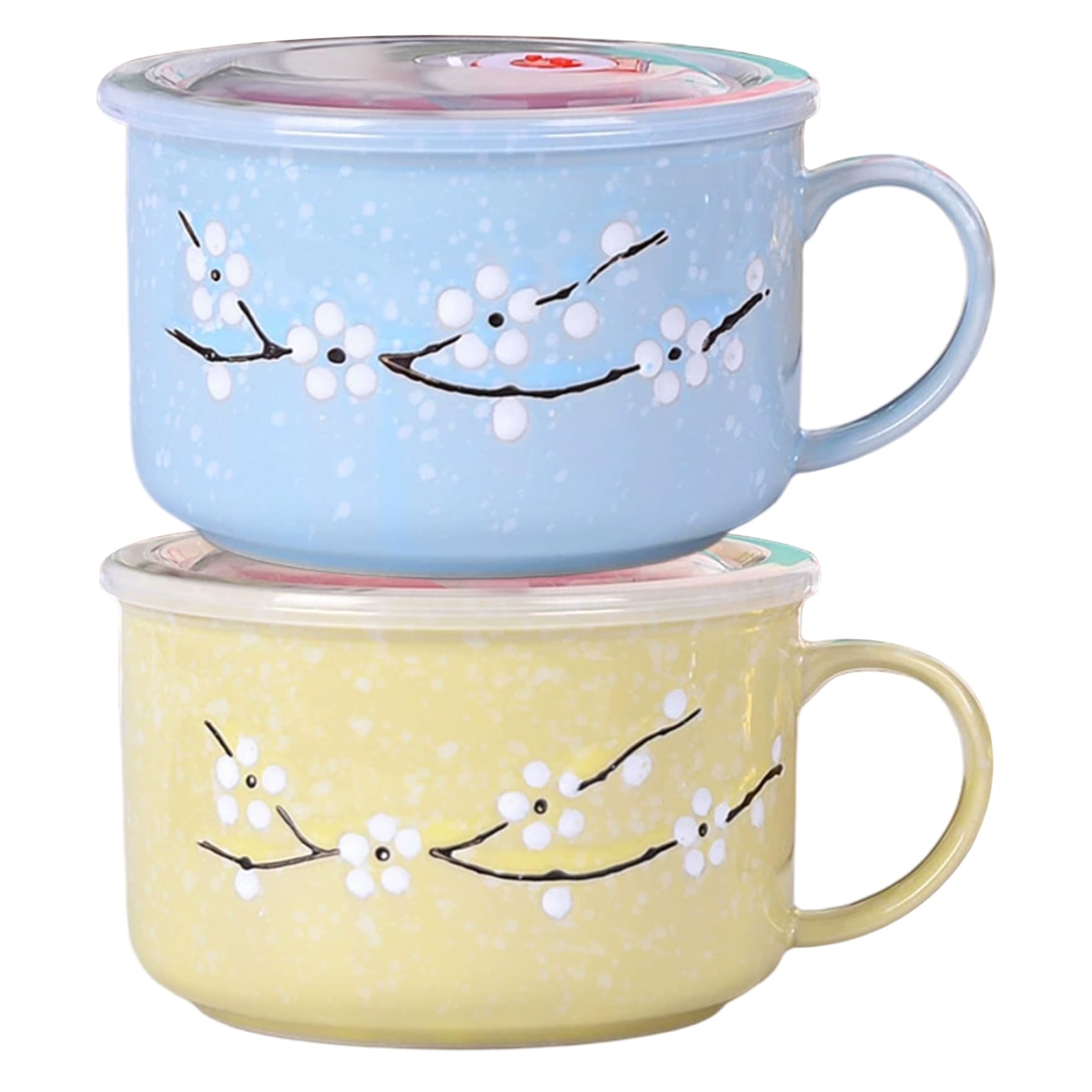 2 tazones de sopa con asas, taza de sopa de microondas resistente al calor con sellado de 800 ml / 28 oz con tapa Taza de viaje de cerámica floral invernal para ramen, fideos, gachas - Tazón de cer