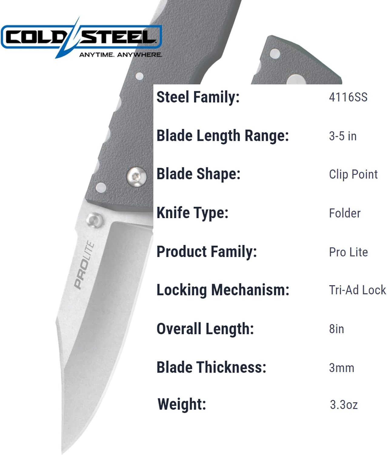 Cold Steel Pro Lite 3.5" 4116SS Clip Point Razor-Sharp Blade 4.5" GFN Handle Everyday Carry Pocket Folding Knife w/Tri-Ad Lock