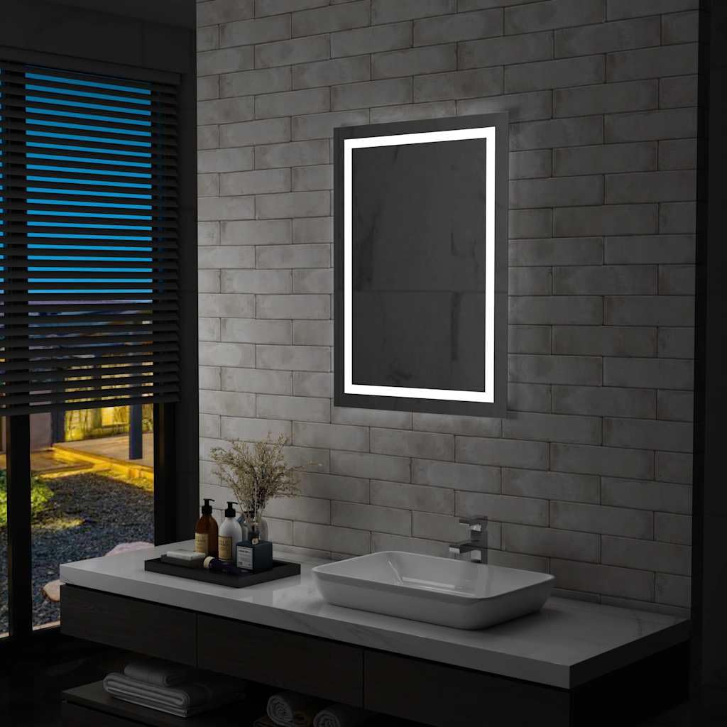 Espejo de baño LED con sensor táctil 60 x 80 cm, espejo cosmético sin marco con marco de aluminio, protección IP44, iluminado para baño, dormitorio y pasillo, incluye accesorios de montaje