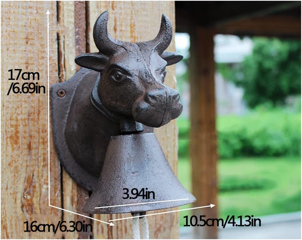 Vintage Door Bell,Manual Doorbell， Wall Bell Hanging Sculpture Chime Bull Head Shape Decoration Hand Bell Rustic Dinner Bell Vintage Shaking Hanging Bell for Indoor Outdoor Garden Yard Farmho