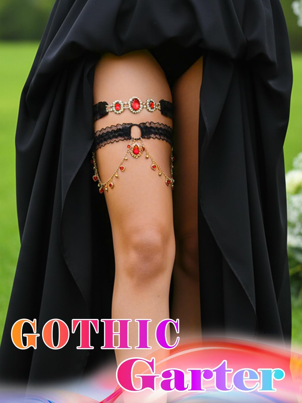Urieo Gothic Lace Garter Rhinestone Wedding Leg Garters for Bride and Women