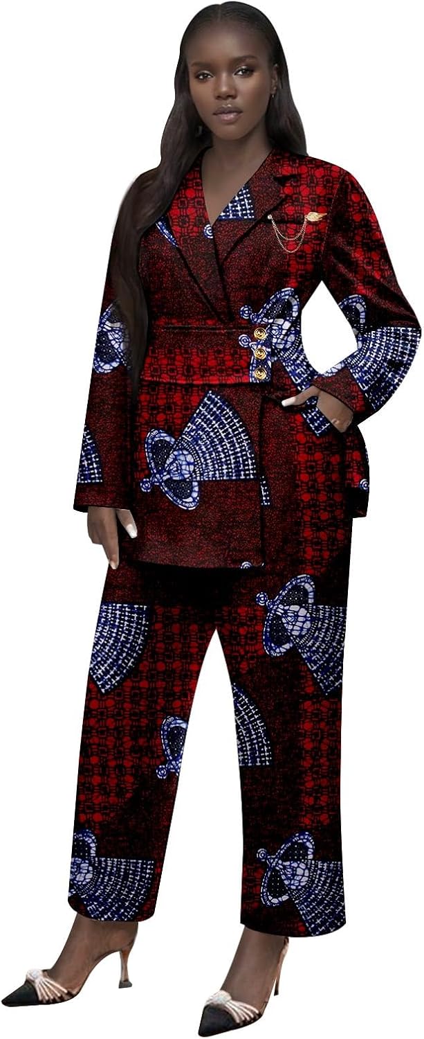 African Clothes for Women Brooch Blazer and Ankle Pants 2 Piece Set Ankara Attire Print Outfits with Belt