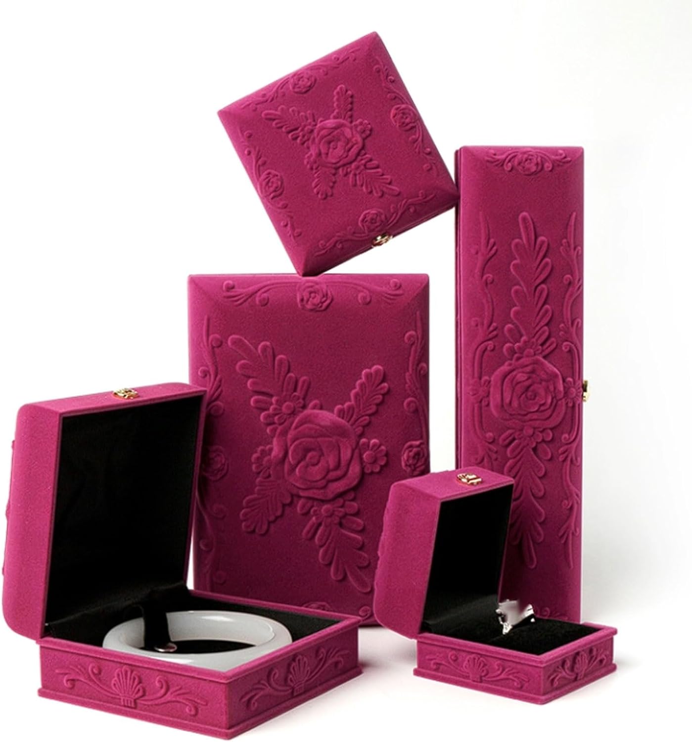 Rose Embossed Jewelry Box Set, 5-Piece Velvet Flocked Storage Organizer for Necklaces, Bracelets, Rings, Pendants