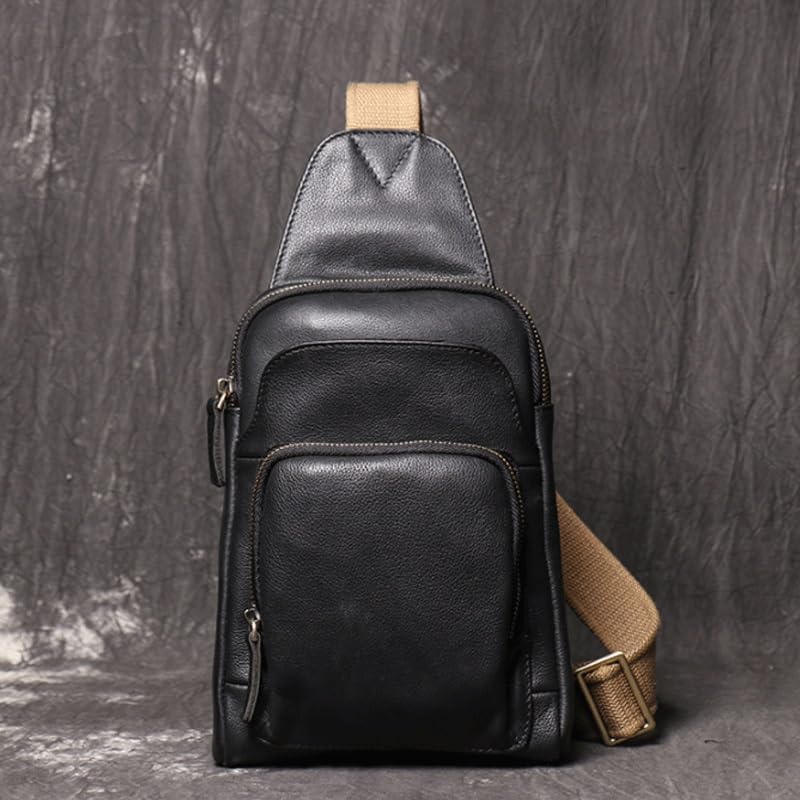 Men's Crossbody Backpack with Chest Strap Genuine Leather Large Capacity Single Shoulder Bag