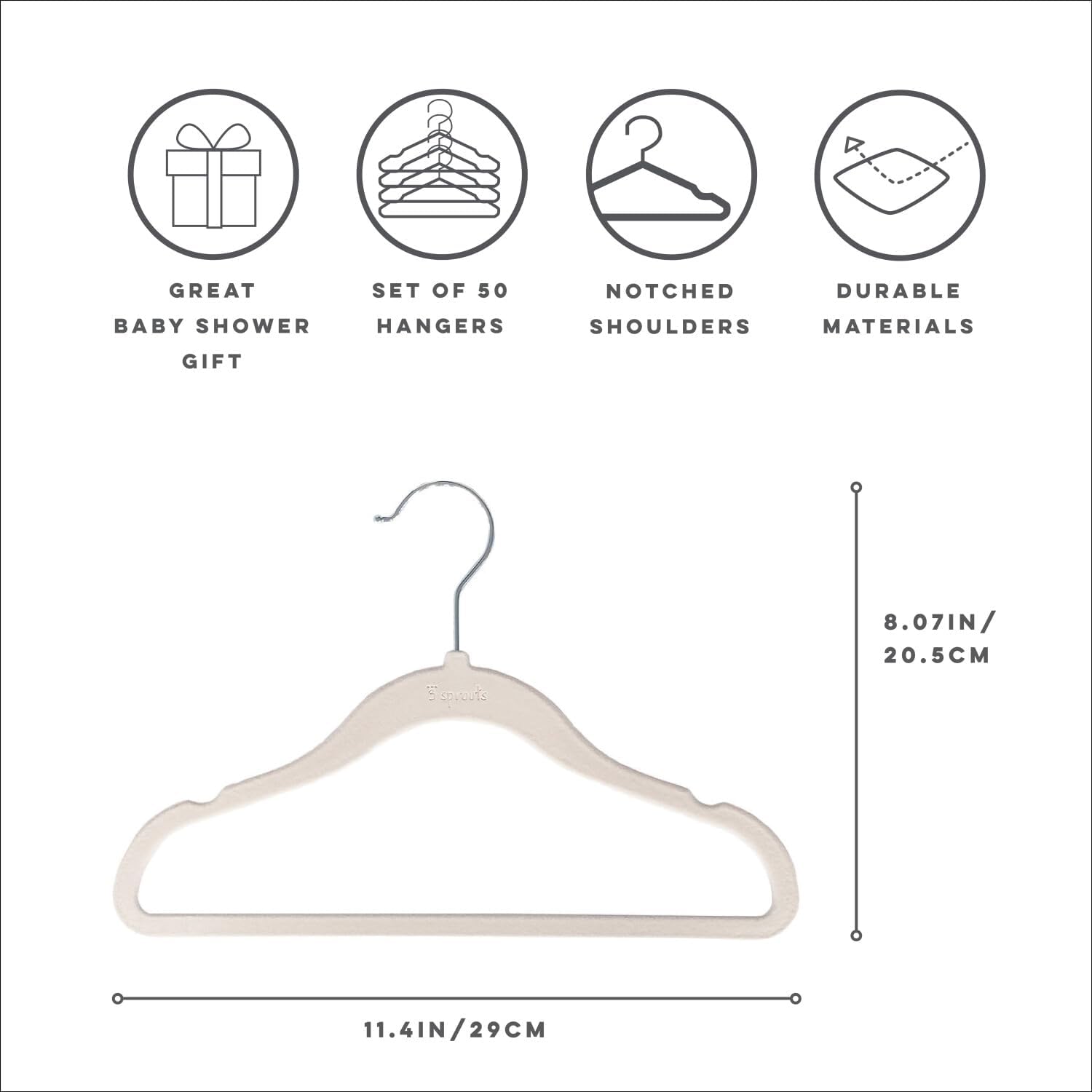 3 Sprouts Velvet Baby Hangers - Non-Slip Hangers for Infant and Toddler Clothes - Slim Space-Saving Design with Nordic Colors for Nursery - 50 Pack- Cream